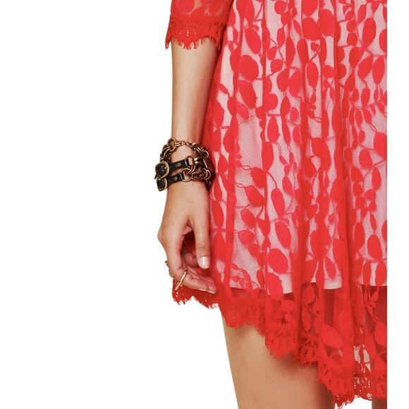 Free People FP Women 2 Floral Mesh Lace Mini Dress Red Lace Overlay 3/4 Sleeves - Picture 5 of 14